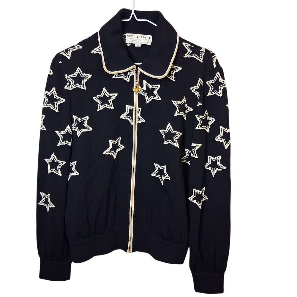 St John Collection Sz S Cream Black Gold Stars Rhinestone Santana Knit Jacket
